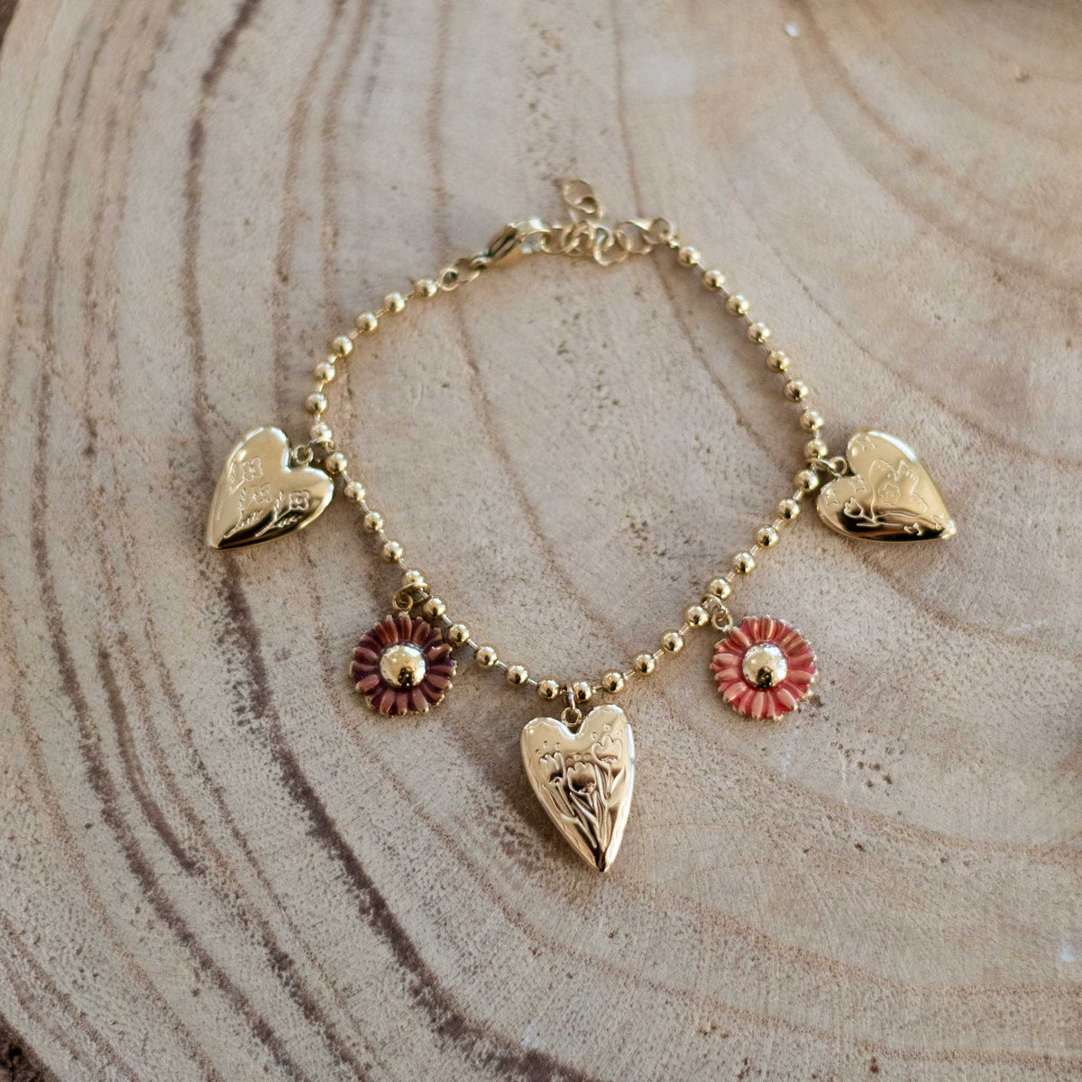 Bracelet à Breloques Cœurs et Fleurs en Acier Inoxydable Doré