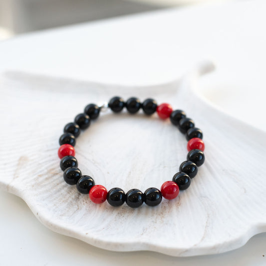 Bracelet Onyx & Corail – Rouge & Noir, Inspiration Stade Toulousain