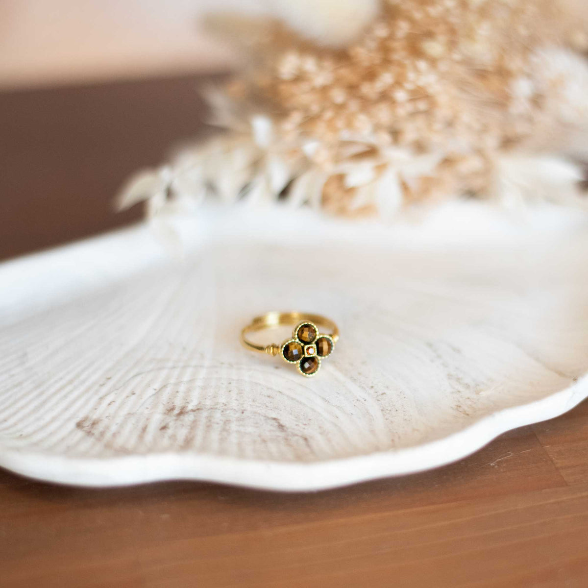 Bague Ajustable Trèfle en Œil de Tigre et Acier Inoxydable