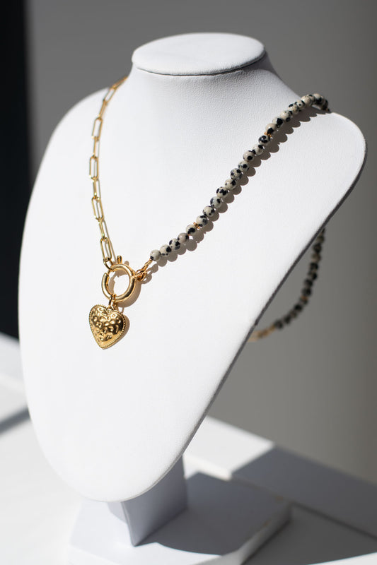 🖤 Collier Jaspe Dalmatien & Acier Doré – Joie & Équilibre