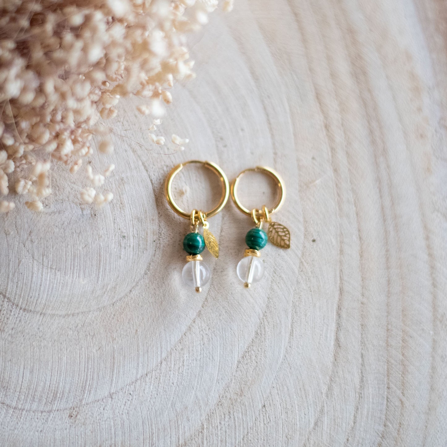 Boucles d'oreilles Malachite et cristal de roche